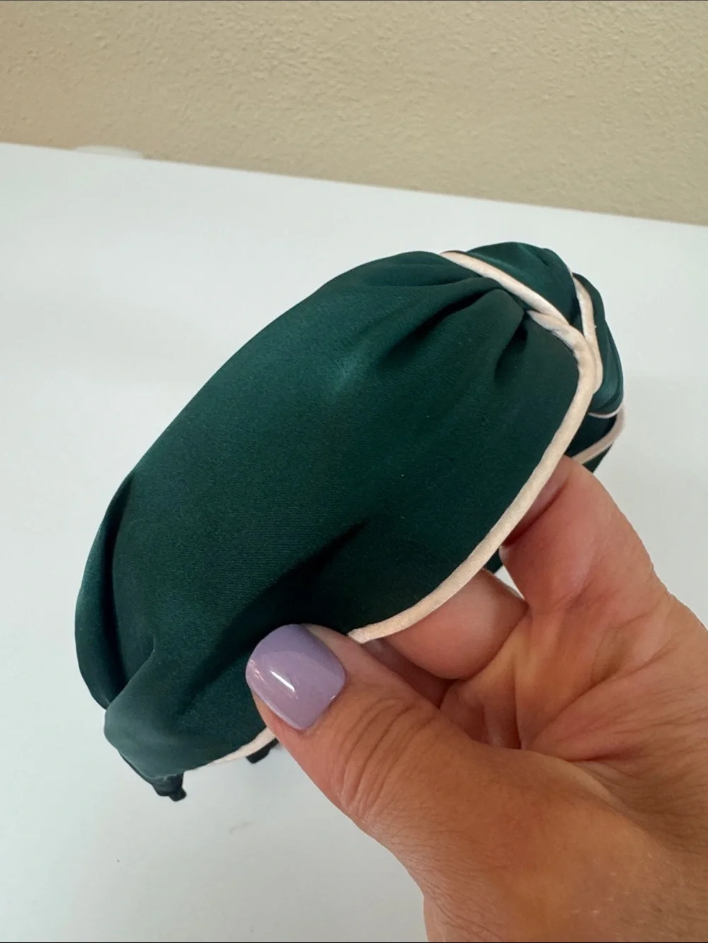 Anthropologie Dark Green Knotted Headband with Cream Trim